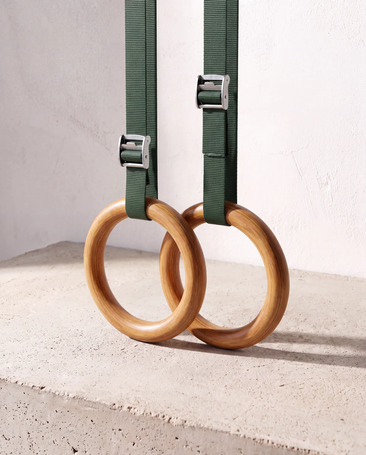 Wood gymnastic rings, 1.25 in grip, 15 ft straps